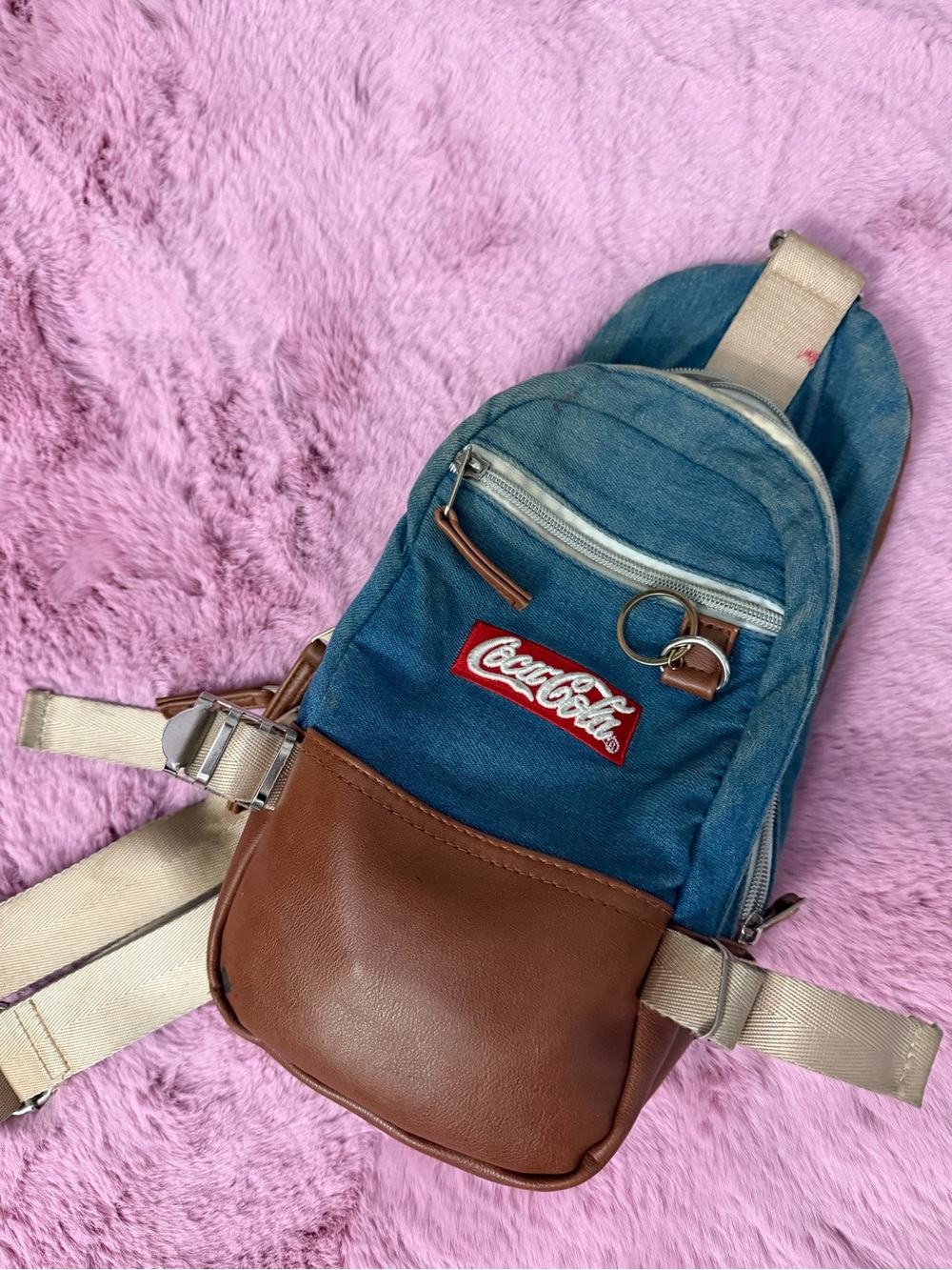 Coca Cola Blue Denim and Brown Faux-Leather Sling Bag
